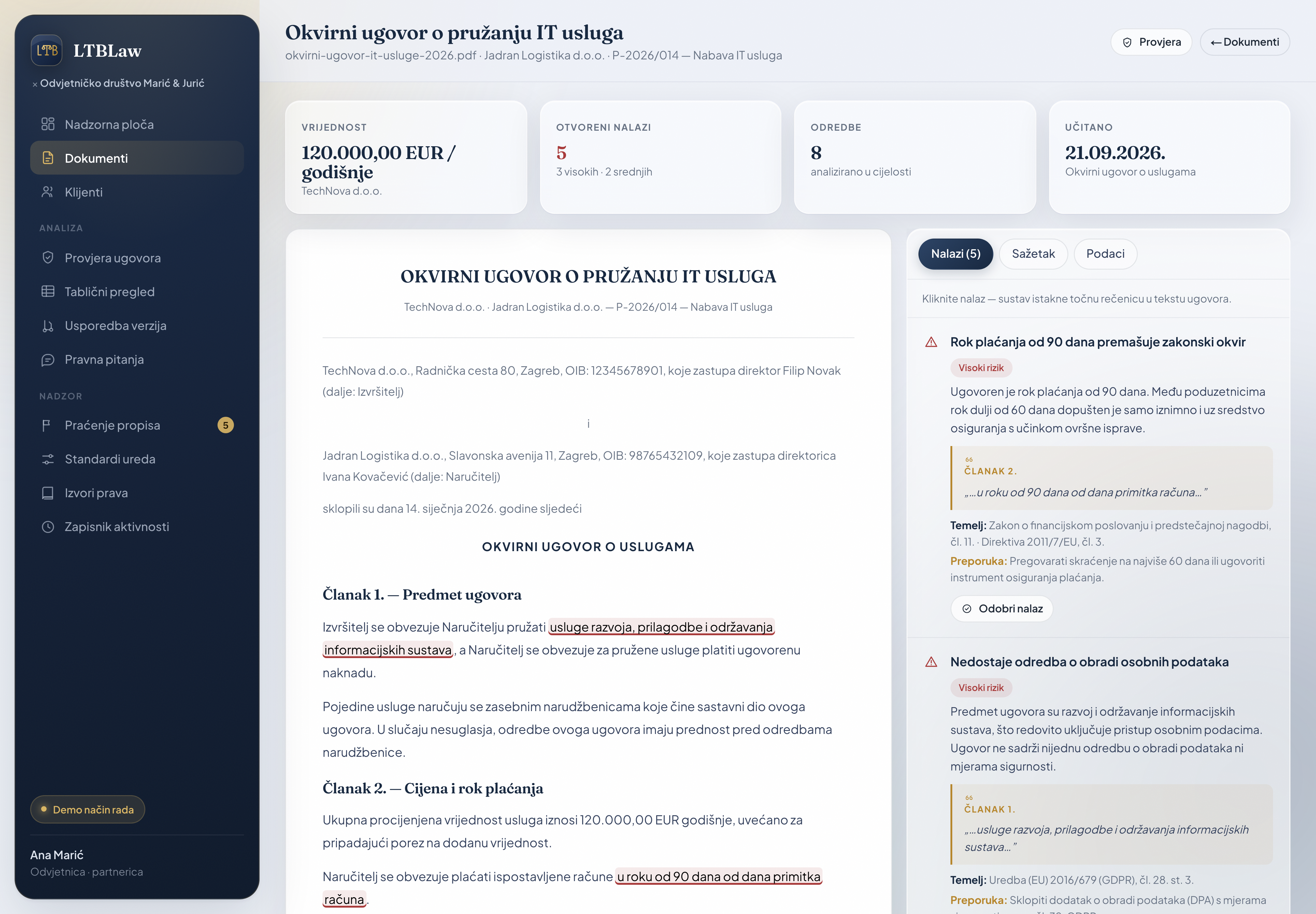 LTB Law workspace with a sample contract and findings side by side