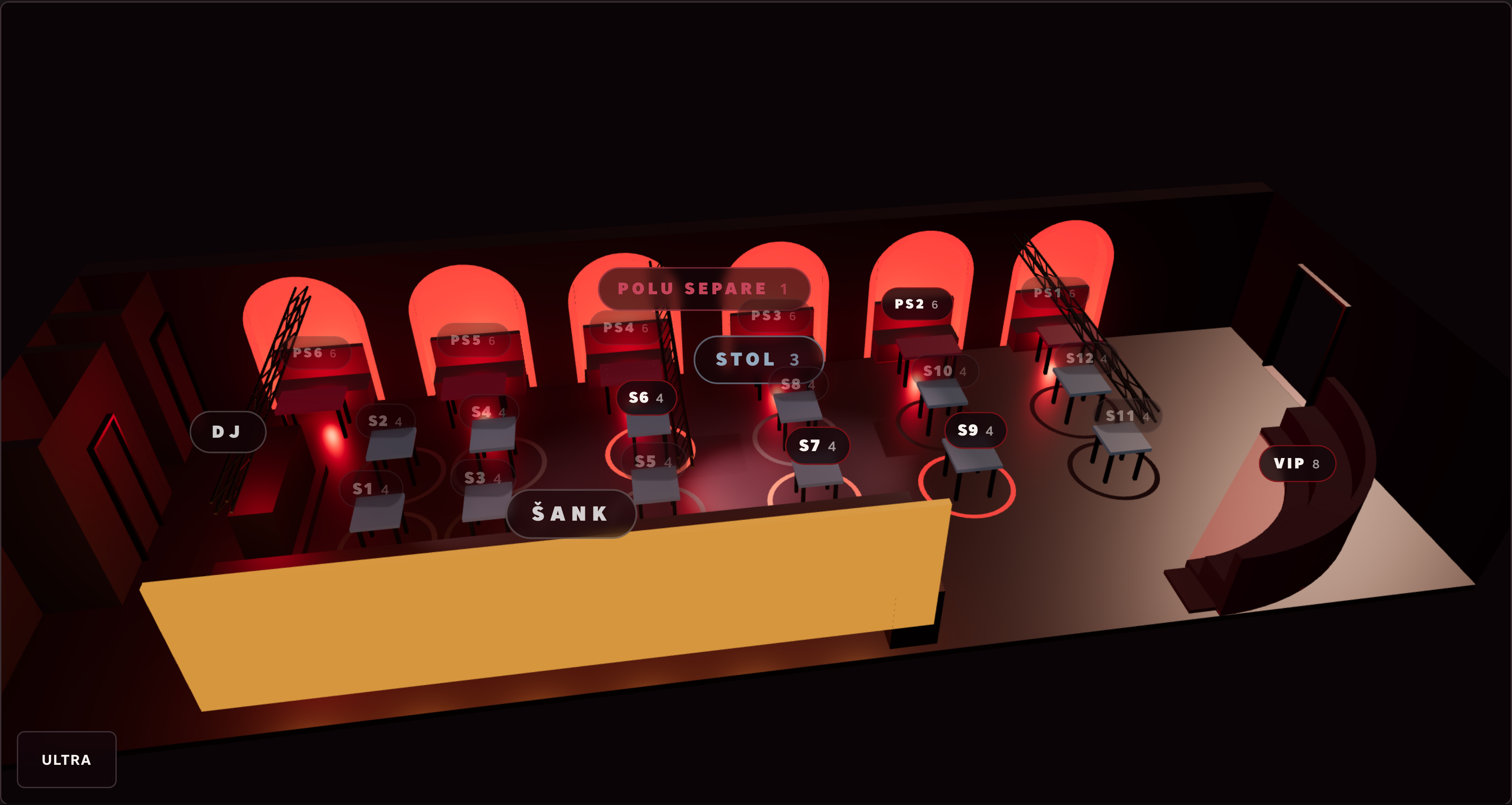 Example three-dimensional venue layout showing tables, bar and seating zones