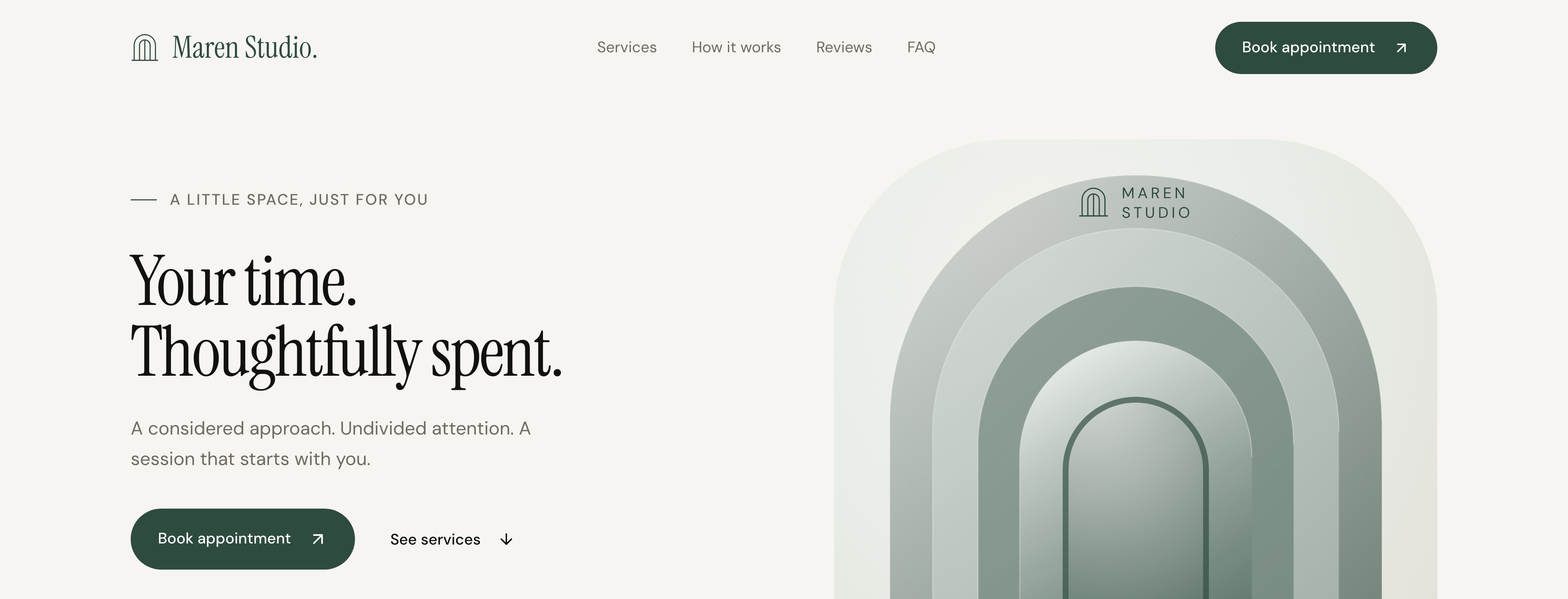 Maren Studio example website showing its services and appointment action